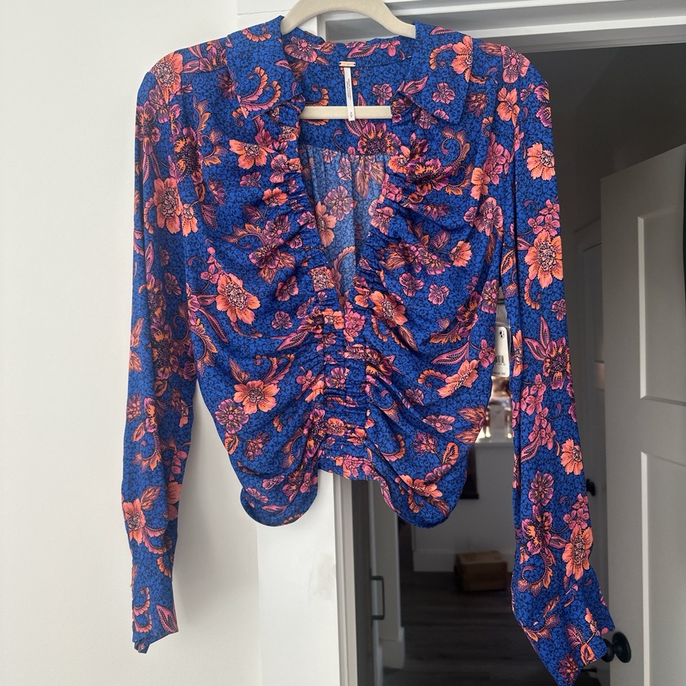 Free People Floral Ruffle Blouse - Blue and Orange